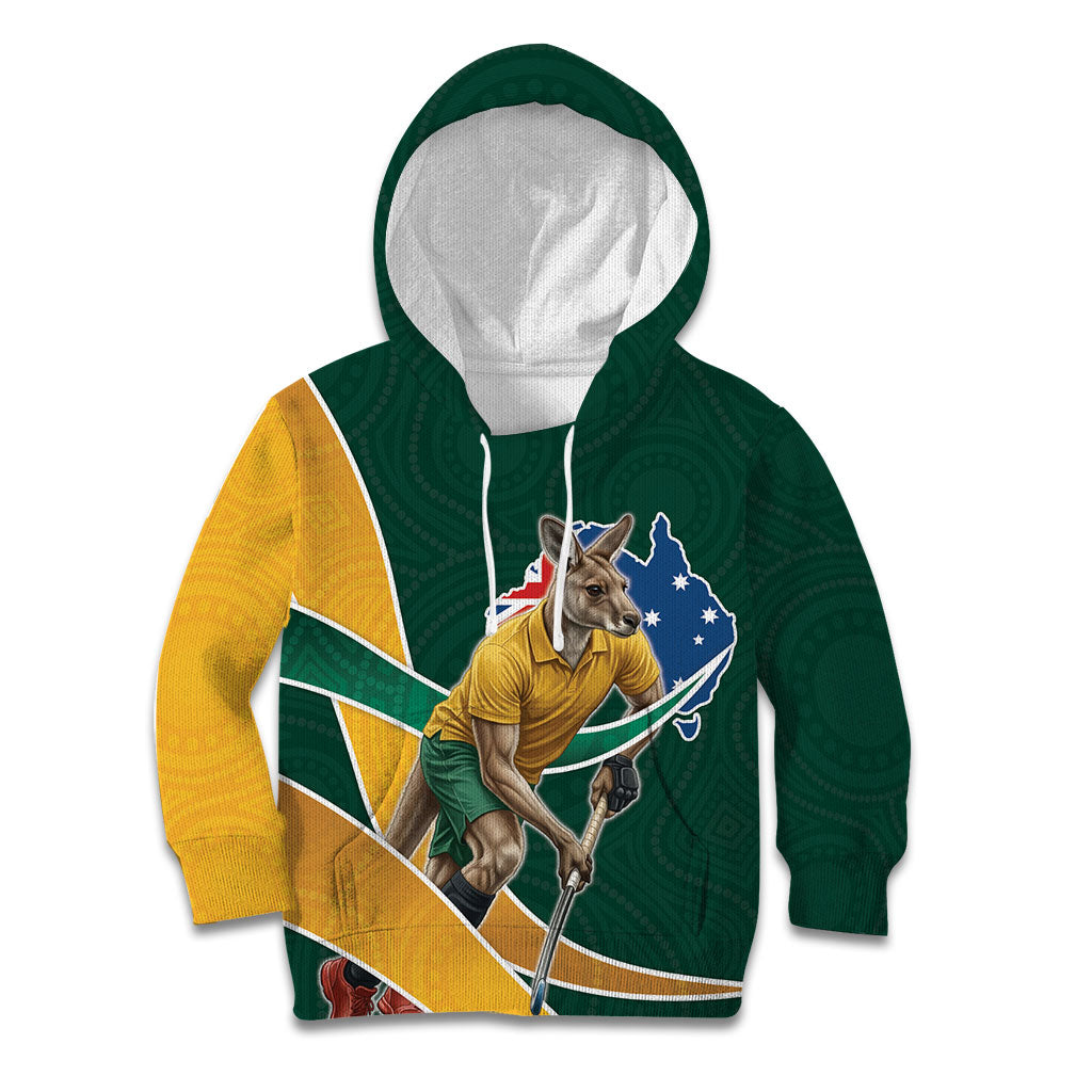 Personalized Kookaburras Field Hockey Kangaroo Kid Hoodie Australian Flag Map With Abstract Green And Gold Wave Pattern