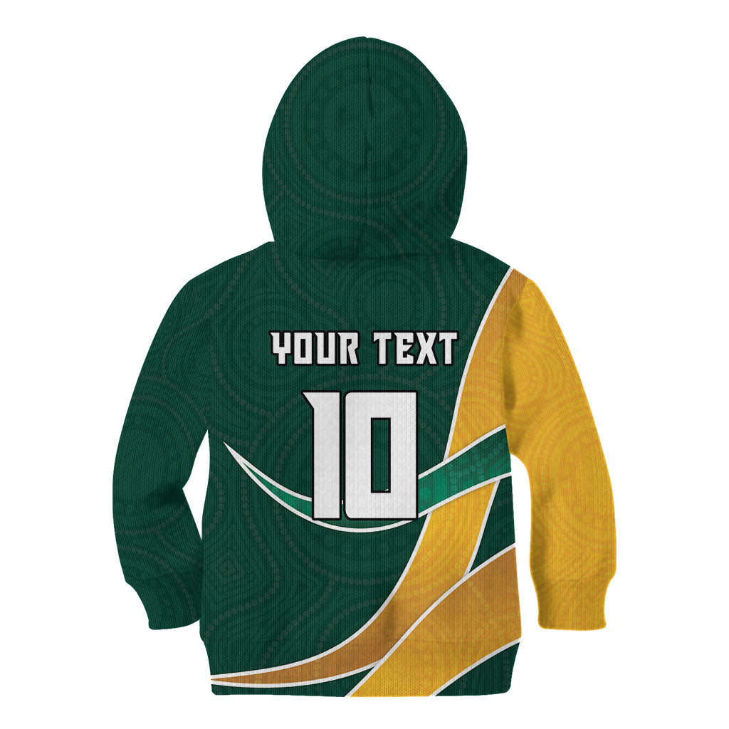 Personalized Kookaburras Field Hockey Kangaroo Kid Hoodie Australian Flag Map With Abstract Green And Gold Wave Pattern