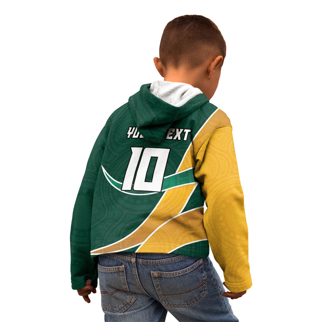 Personalized Kookaburras Field Hockey Kangaroo Kid Hoodie Australian Flag Map With Abstract Green And Gold Wave Pattern