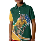 Personalized Kookaburras Field Hockey Kangaroo Kid Polo Shirt Australian Flag Map With Abstract Green And Gold Wave Pattern