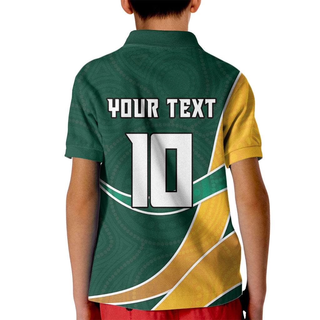 Personalized Kookaburras Field Hockey Kangaroo Kid Polo Shirt Australian Flag Map With Abstract Green And Gold Wave Pattern