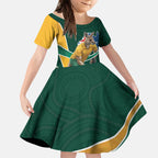 Personalized Kookaburras Field Hockey Kangaroo Kid Short Sleeve Dress Australian Flag Map With Abstract Green And Gold Wave Pattern