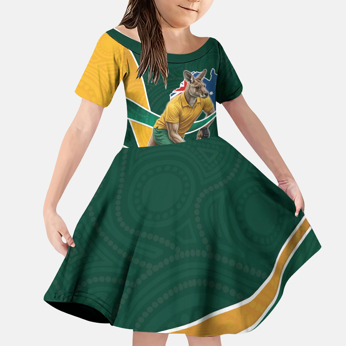 Personalized Kookaburras Field Hockey Kangaroo Kid Short Sleeve Dress Australian Flag Map With Abstract Green And Gold Wave Pattern