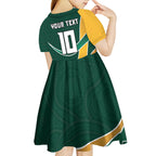 Personalized Kookaburras Field Hockey Kangaroo Kid Short Sleeve Dress Australian Flag Map With Abstract Green And Gold Wave Pattern