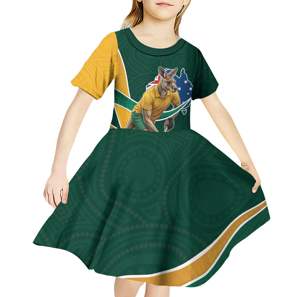 Personalized Kookaburras Field Hockey Kangaroo Kid Short Sleeve Dress Australian Flag Map With Abstract Green And Gold Wave Pattern