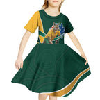 Personalized Kookaburras Field Hockey Kangaroo Kid Short Sleeve Dress Australian Flag Map With Abstract Green And Gold Wave Pattern