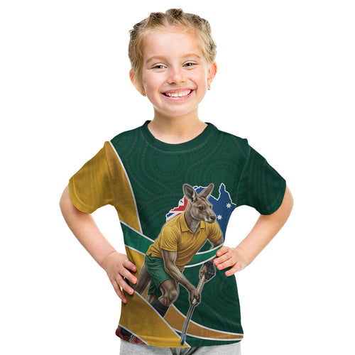 Personalized Kookaburras Field Hockey Kangaroo Kid T Shirt Australian Flag Map With Abstract Green And Gold Wave Pattern