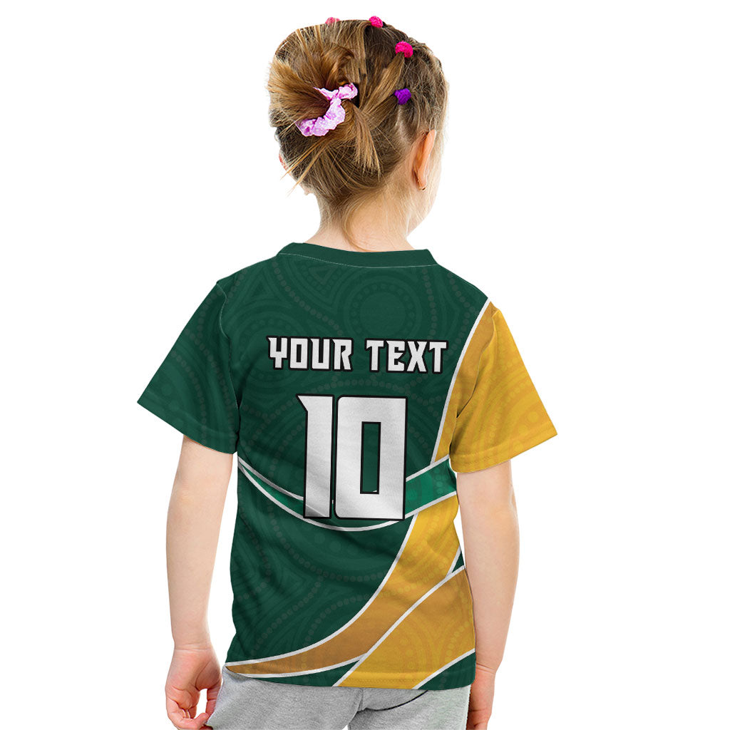 Personalized Kookaburras Field Hockey Kangaroo Kid T Shirt Australian Flag Map With Abstract Green And Gold Wave Pattern