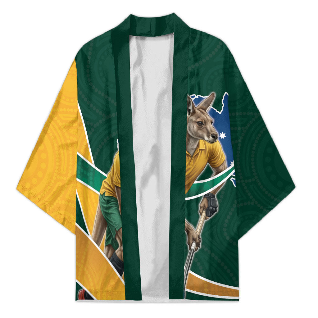 Personalized Kookaburras Field Hockey Kangaroo Kimono Australian Flag Map With Abstract Green And Gold Wave Pattern