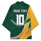 Personalized Kookaburras Field Hockey Kangaroo Kimono Australian Flag Map With Abstract Green And Gold Wave Pattern