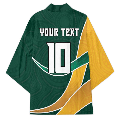 Personalized Kookaburras Field Hockey Kangaroo Kimono Australian Flag Map With Abstract Green And Gold Wave Pattern