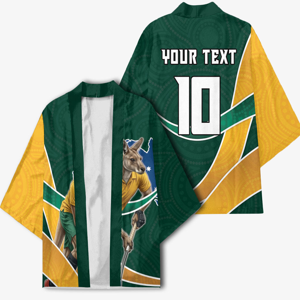 Personalized Kookaburras Field Hockey Kangaroo Kimono Australian Flag Map With Abstract Green And Gold Wave Pattern