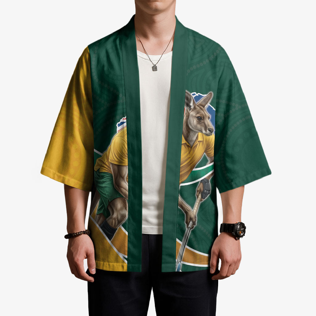 Personalized Kookaburras Field Hockey Kangaroo Kimono Australian Flag Map With Abstract Green And Gold Wave Pattern