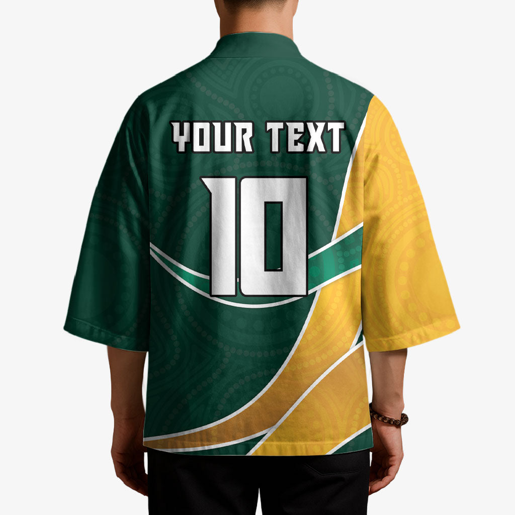 Personalized Kookaburras Field Hockey Kangaroo Kimono Australian Flag Map With Abstract Green And Gold Wave Pattern