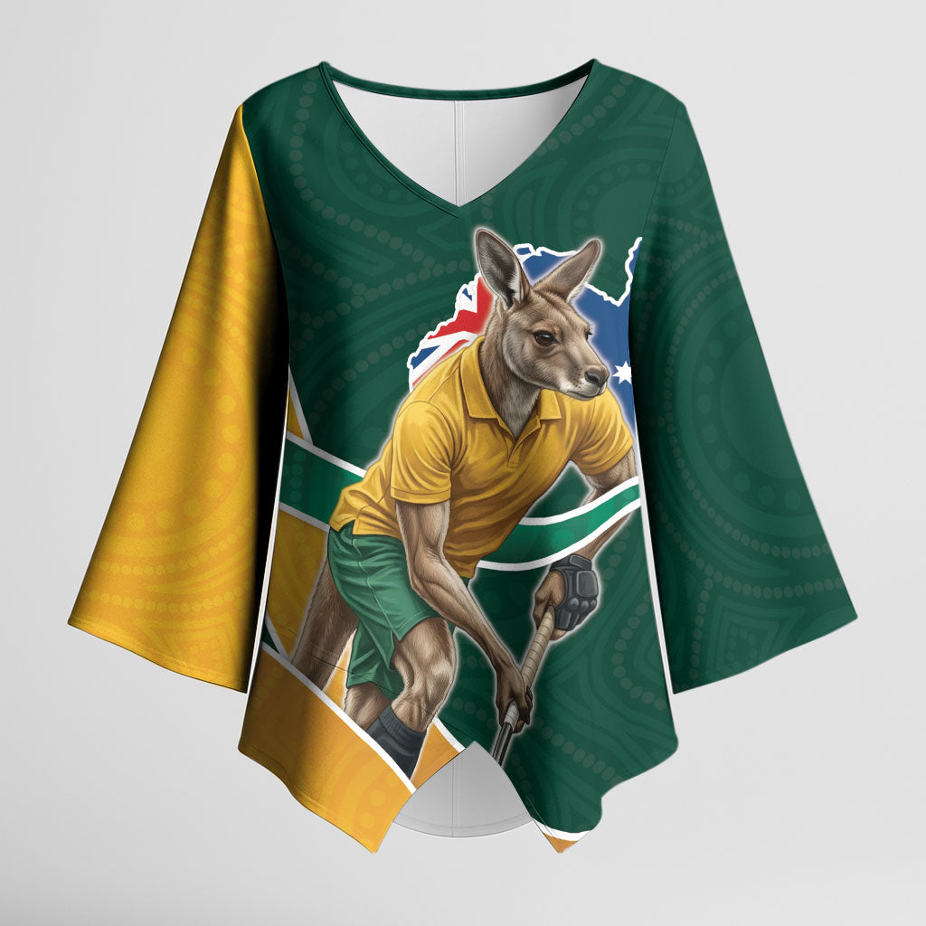 Personalized Kookaburras Field Hockey Kangaroo Kimono Sleeve Blouse Australian Flag Map With Abstract Green And Gold Wave Pattern