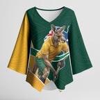 Personalized Kookaburras Field Hockey Kangaroo Kimono Sleeve Blouse Australian Flag Map With Abstract Green And Gold Wave Pattern