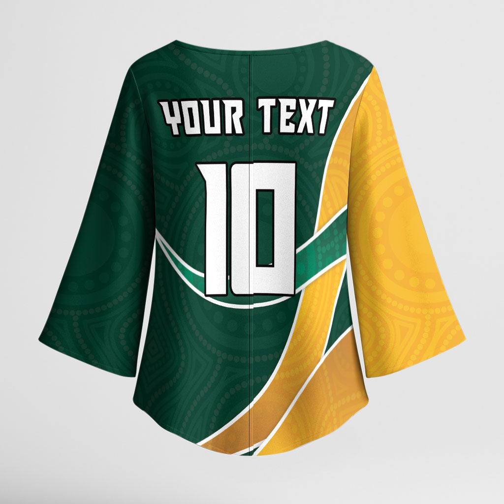 Personalized Kookaburras Field Hockey Kangaroo Kimono Sleeve Blouse Australian Flag Map With Abstract Green And Gold Wave Pattern