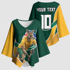 Personalized Kookaburras Field Hockey Kangaroo Kimono Sleeve Blouse Australian Flag Map With Abstract Green And Gold Wave Pattern