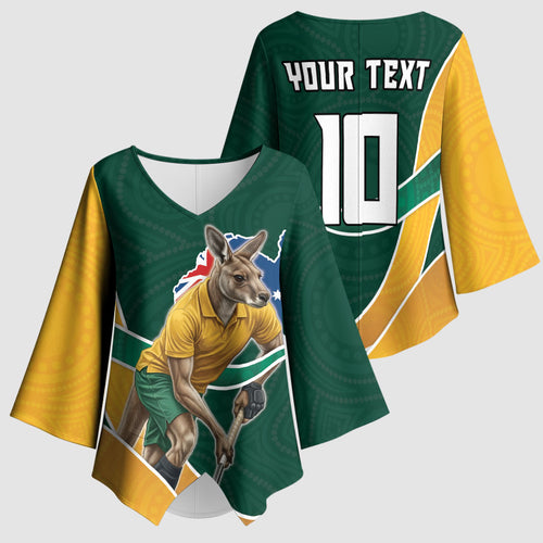 Personalized Kookaburras Field Hockey Kangaroo Kimono Sleeve Blouse Australian Flag Map With Abstract Green And Gold Wave Pattern