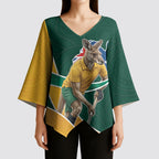 Personalized Kookaburras Field Hockey Kangaroo Kimono Sleeve Blouse Australian Flag Map With Abstract Green And Gold Wave Pattern