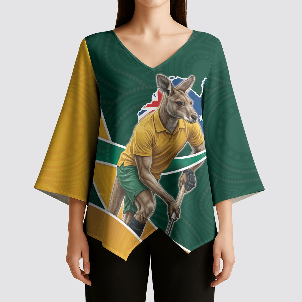 Personalized Kookaburras Field Hockey Kangaroo Kimono Sleeve Blouse Australian Flag Map With Abstract Green And Gold Wave Pattern