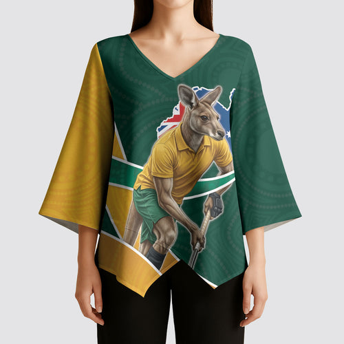 Personalized Kookaburras Field Hockey Kangaroo Kimono Sleeve Blouse Australian Flag Map With Abstract Green And Gold Wave Pattern