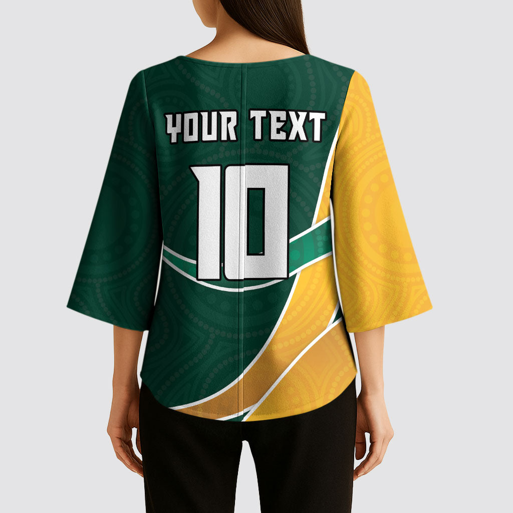 Personalized Kookaburras Field Hockey Kangaroo Kimono Sleeve Blouse Australian Flag Map With Abstract Green And Gold Wave Pattern