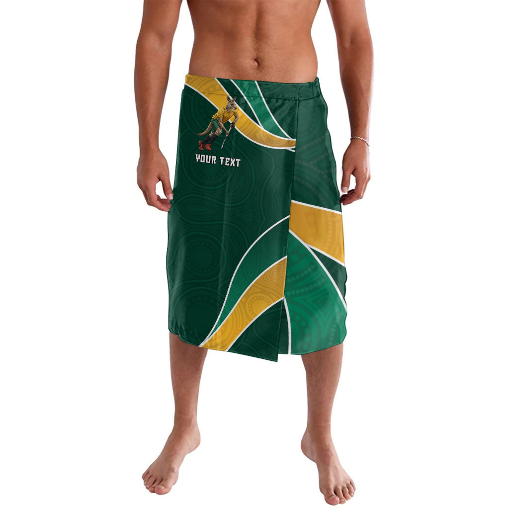Personalized Kookaburras Field Hockey Kangaroo Lavalava Australian Flag Map With Abstract Green And Gold Wave Pattern