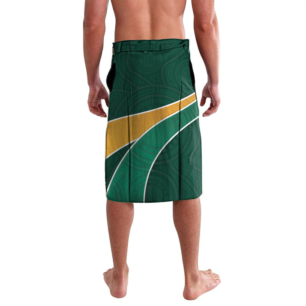 Personalized Kookaburras Field Hockey Kangaroo Lavalava Australian Flag Map With Abstract Green And Gold Wave Pattern