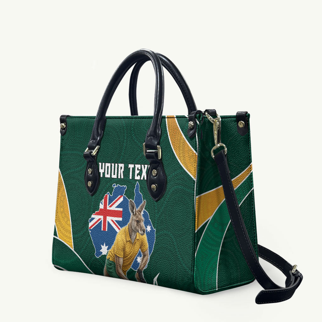 Personalized Kookaburras Field Hockey Kangaroo Leather Bag Australian Flag Map With Abstract Green And Gold Wave Pattern