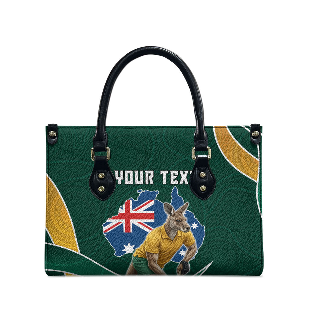 Personalized Kookaburras Field Hockey Kangaroo Leather Bag Australian Flag Map With Abstract Green And Gold Wave Pattern
