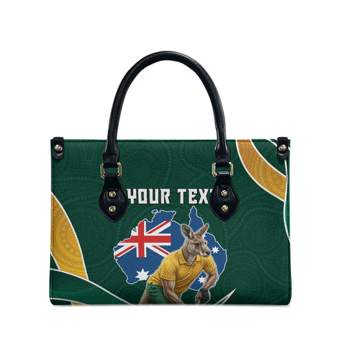 Personalized Kookaburras Field Hockey Kangaroo Leather Bag Australian Flag Map With Abstract Green And Gold Wave Pattern