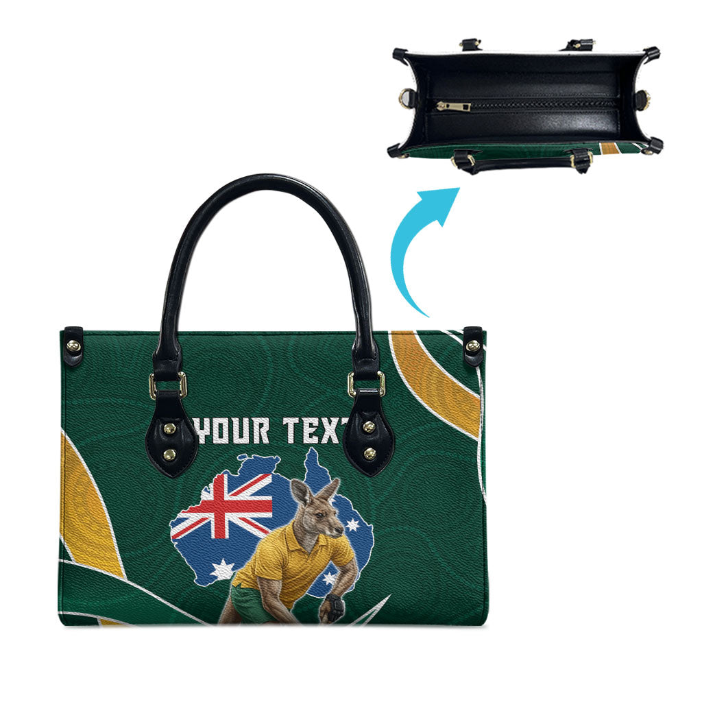 Personalized Kookaburras Field Hockey Kangaroo Leather Bag Australian Flag Map With Abstract Green And Gold Wave Pattern
