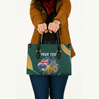 Personalized Kookaburras Field Hockey Kangaroo Leather Bag Australian Flag Map With Abstract Green And Gold Wave Pattern