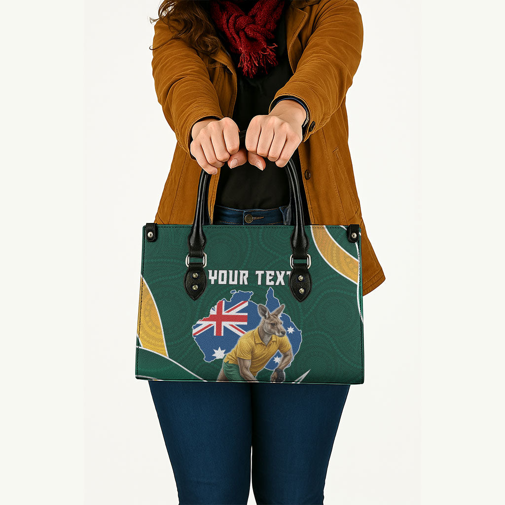 Personalized Kookaburras Field Hockey Kangaroo Leather Bag Australian Flag Map With Abstract Green And Gold Wave Pattern