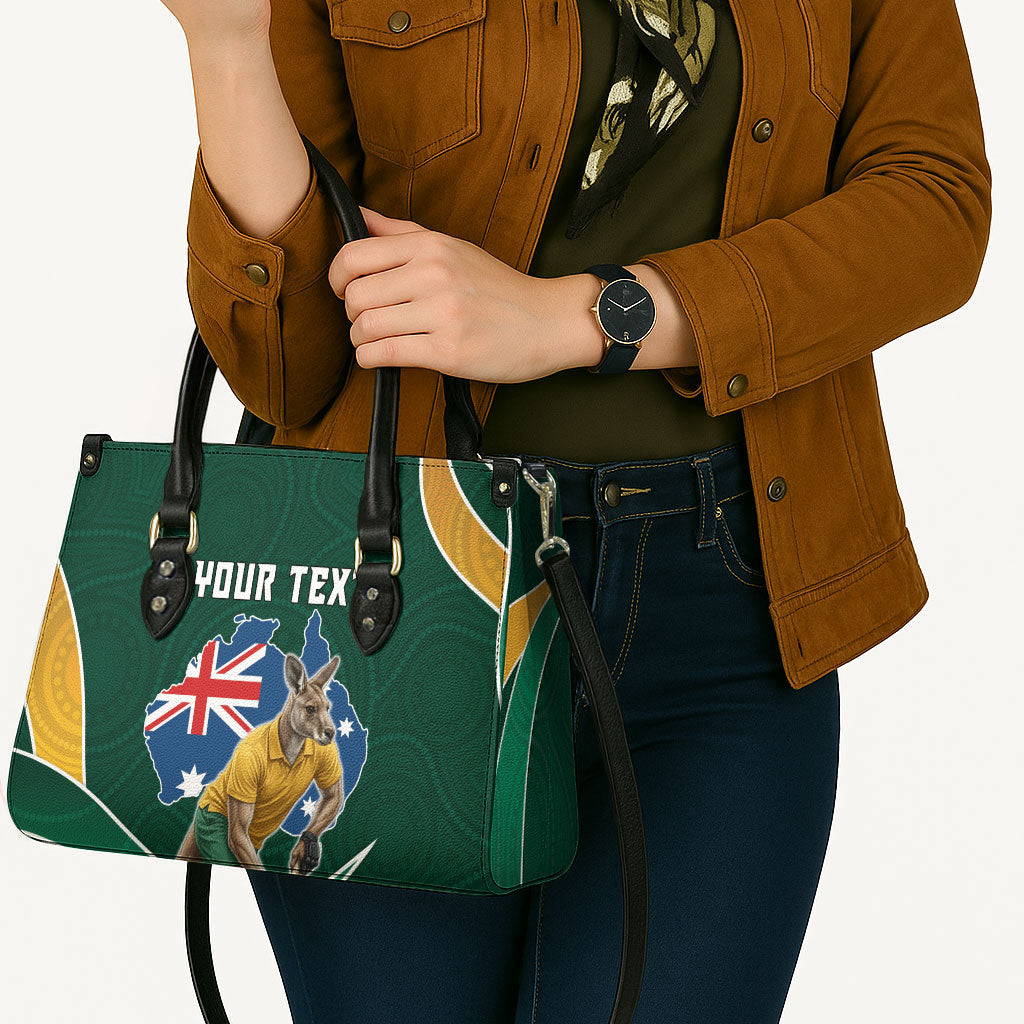 Personalized Kookaburras Field Hockey Kangaroo Leather Bag Australian Flag Map With Abstract Green And Gold Wave Pattern
