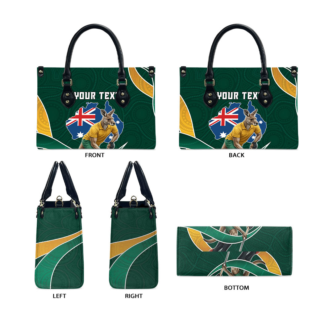 Personalized Kookaburras Field Hockey Kangaroo Leather Bag Australian Flag Map With Abstract Green And Gold Wave Pattern