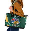 Personalized Kookaburras Field Hockey Kangaroo Leather Tote Bag Australian Flag Map With Abstract Green And Gold Wave Pattern