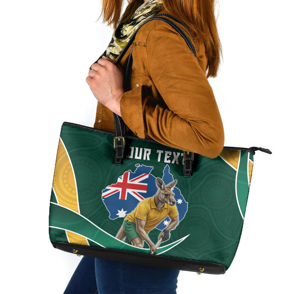 Personalized Kookaburras Field Hockey Kangaroo Leather Tote Bag Australian Flag Map With Abstract Green And Gold Wave Pattern