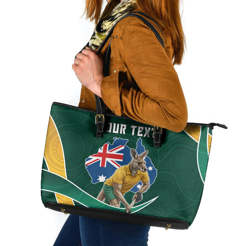 Personalized Kookaburras Field Hockey Kangaroo Leather Tote Bag Australian Flag Map With Abstract Green And Gold Wave Pattern