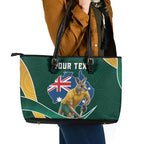 Personalized Kookaburras Field Hockey Kangaroo Leather Tote Bag Australian Flag Map With Abstract Green And Gold Wave Pattern