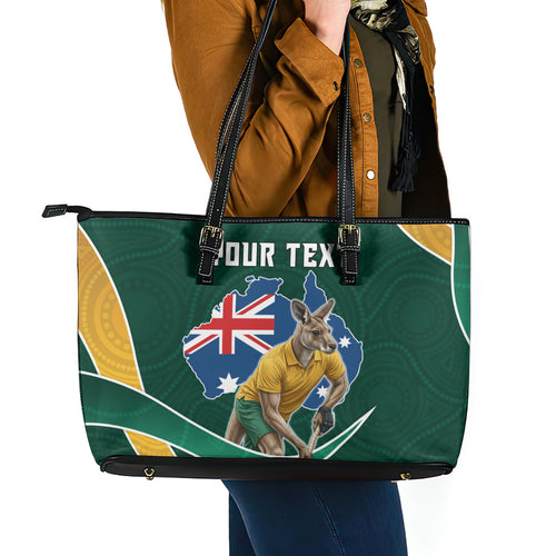 Personalized Kookaburras Field Hockey Kangaroo Leather Tote Bag Australian Flag Map With Abstract Green And Gold Wave Pattern