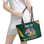 Personalized Kookaburras Field Hockey Kangaroo Leather Tote Bag Australian Flag Map With Abstract Green And Gold Wave Pattern
