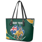 Personalized Kookaburras Field Hockey Kangaroo Leather Tote Bag Australian Flag Map With Abstract Green And Gold Wave Pattern