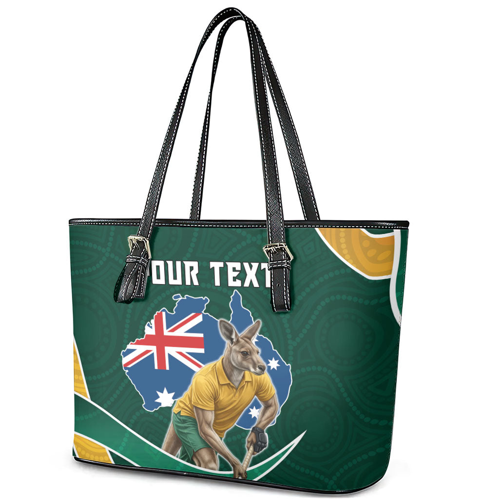 Personalized Kookaburras Field Hockey Kangaroo Leather Tote Bag Australian Flag Map With Abstract Green And Gold Wave Pattern