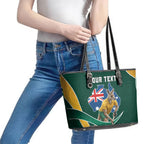 Personalized Kookaburras Field Hockey Kangaroo Leather Tote Bag Australian Flag Map With Abstract Green And Gold Wave Pattern