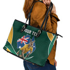 Personalized Kookaburras Field Hockey Kangaroo Leather Tote Bag Australian Flag Map With Abstract Green And Gold Wave Pattern