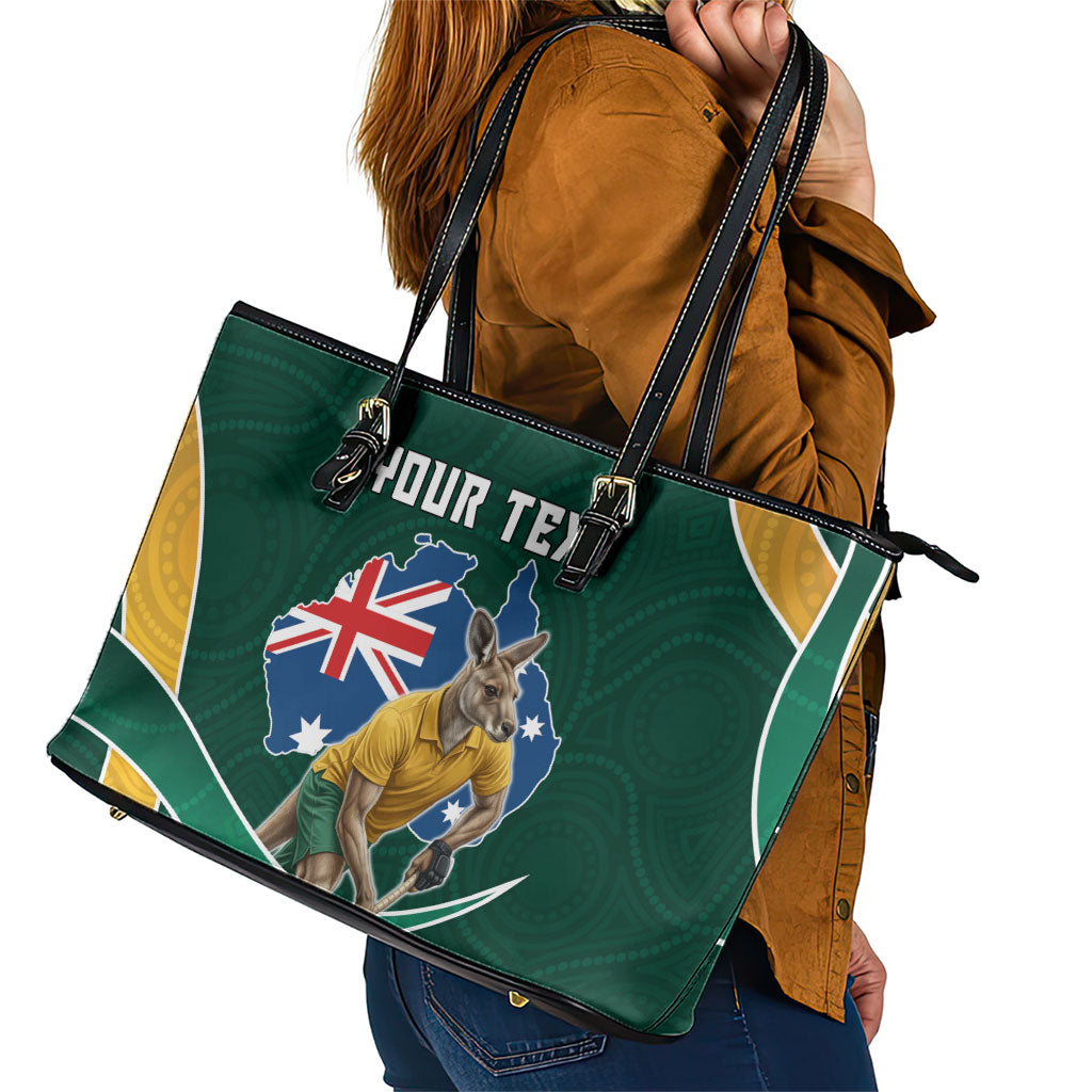 Personalized Kookaburras Field Hockey Kangaroo Leather Tote Bag Australian Flag Map With Abstract Green And Gold Wave Pattern