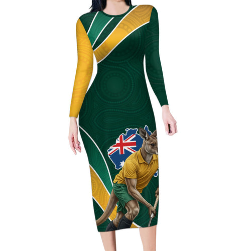 Personalized Kookaburras Field Hockey Kangaroo Long Sleeve Bodycon Dress Australian Flag Map With Abstract Green And Gold Wave Pattern