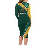 Personalized Kookaburras Field Hockey Kangaroo Long Sleeve Bodycon Dress Australian Flag Map With Abstract Green And Gold Wave Pattern
